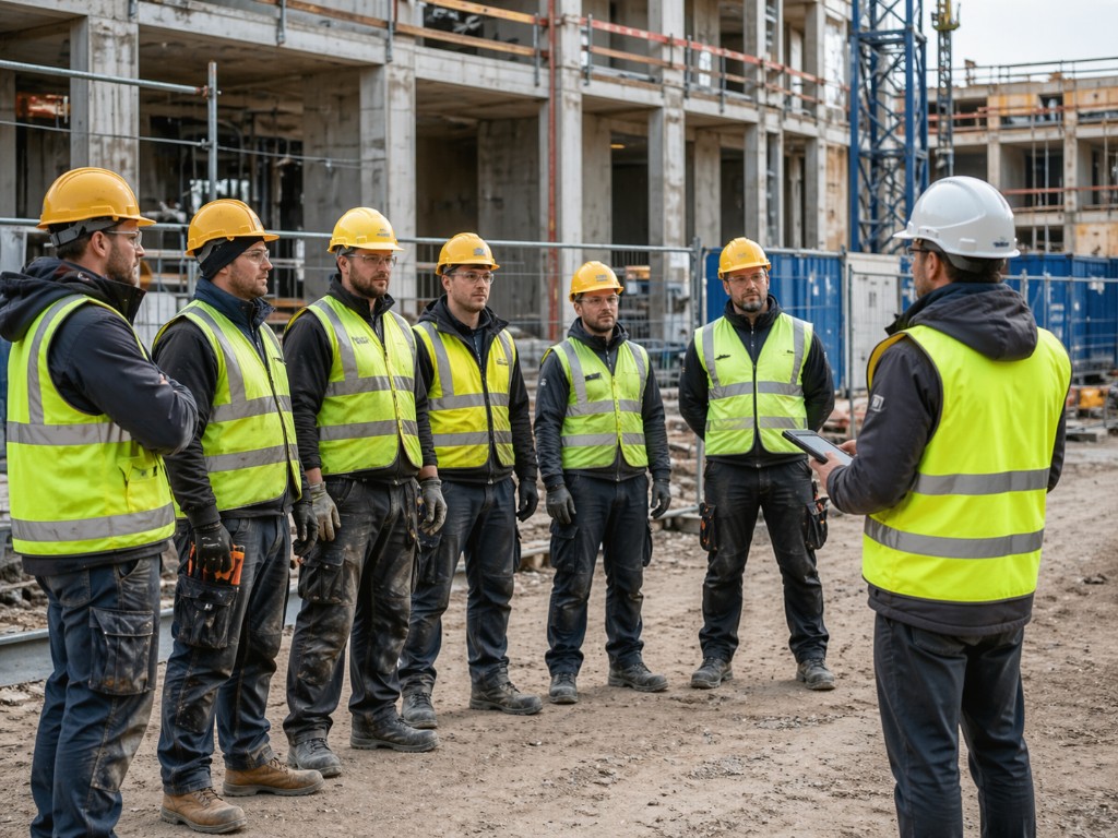 Construction team reviewing technical drawings on site.